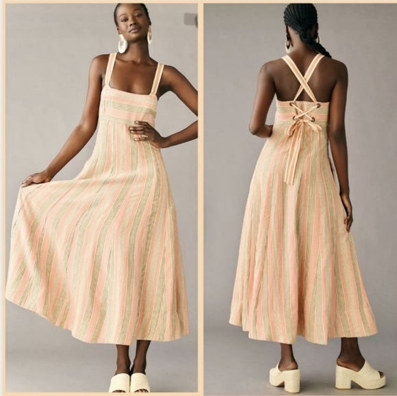 Anthropologie Dresses & Skirts - Anthropologie Maeve Square-Neck Tie-Back A-Line Dress Linen Blend Summer Dress